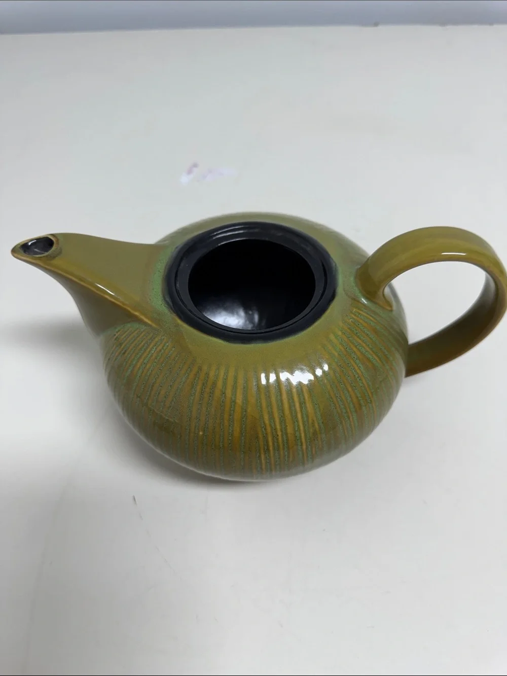 Gibson South Seas Collection Olive-Toned Ribbed Ceramic Teapot with Black Lid